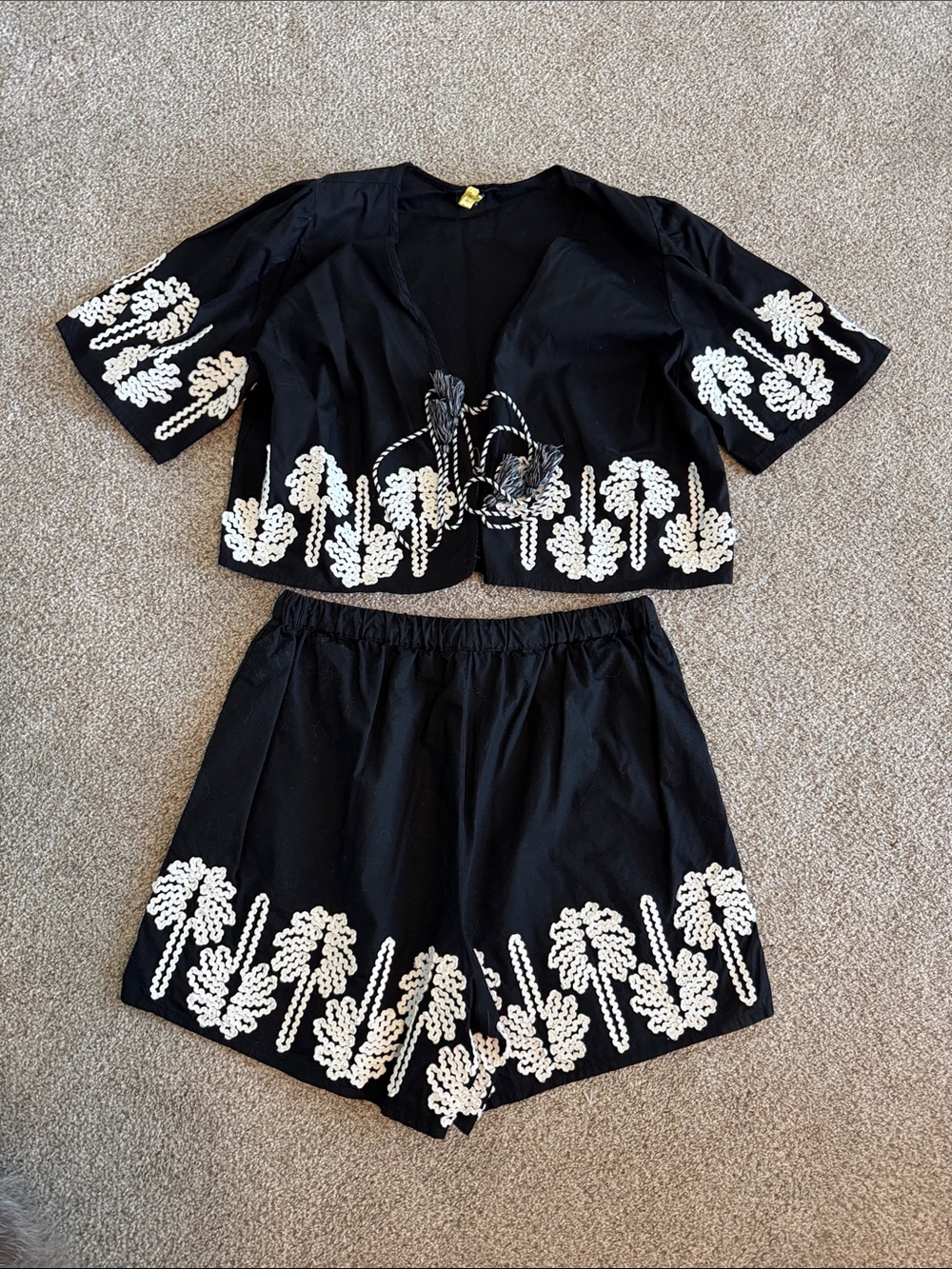 Rails Black Cropped Embroidered Palm-Print Top & Shorts Set